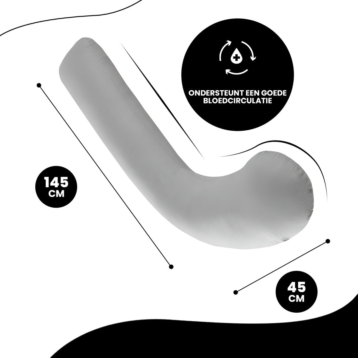 Oemmie Zwangerschapskussen - Voedingskussen - Zijslaapkussen - Lichaamskussen - J-vorm - 145x45 cm - Grijs