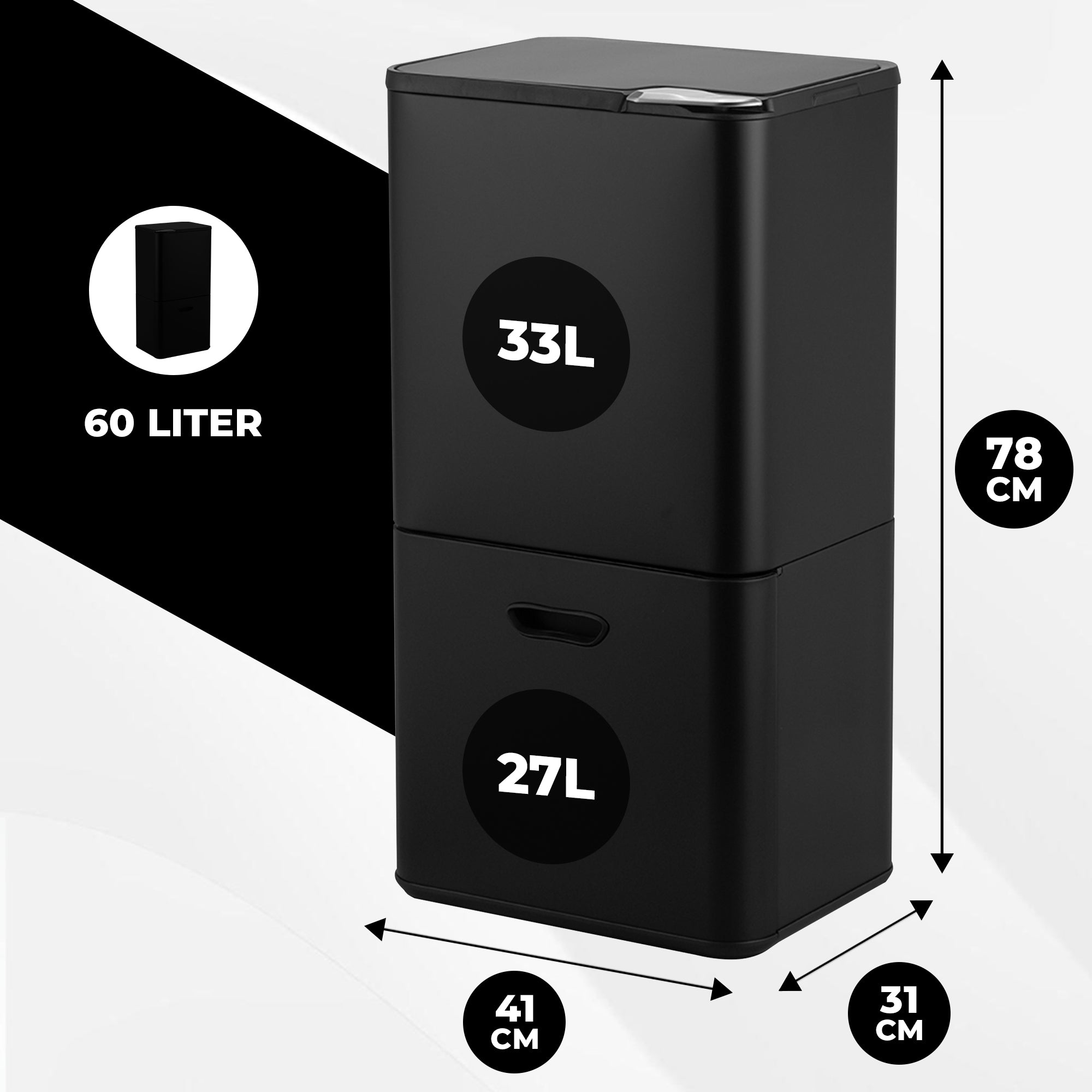 Bayt Prullenbak 60 Liter - 2 Compartimenten - Zwart