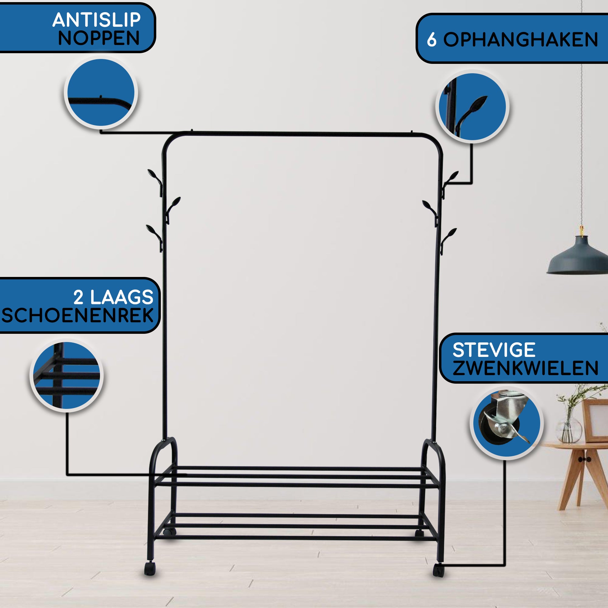 Kledingrek op Wieltjes Zwart