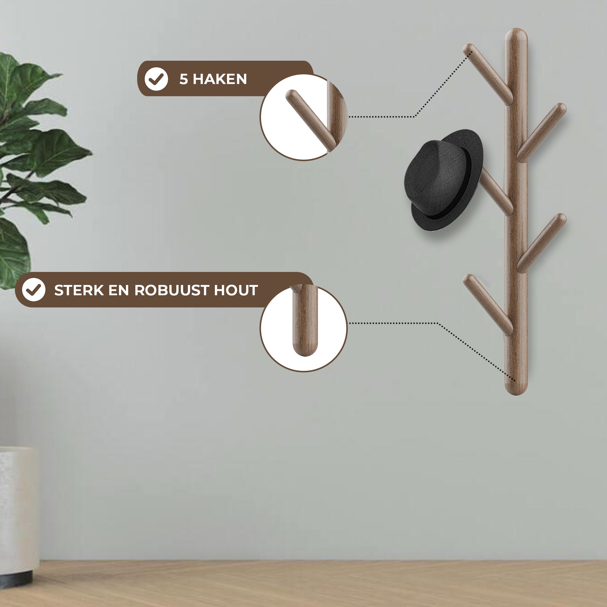 Wandkapstok 5 Haken Bruin