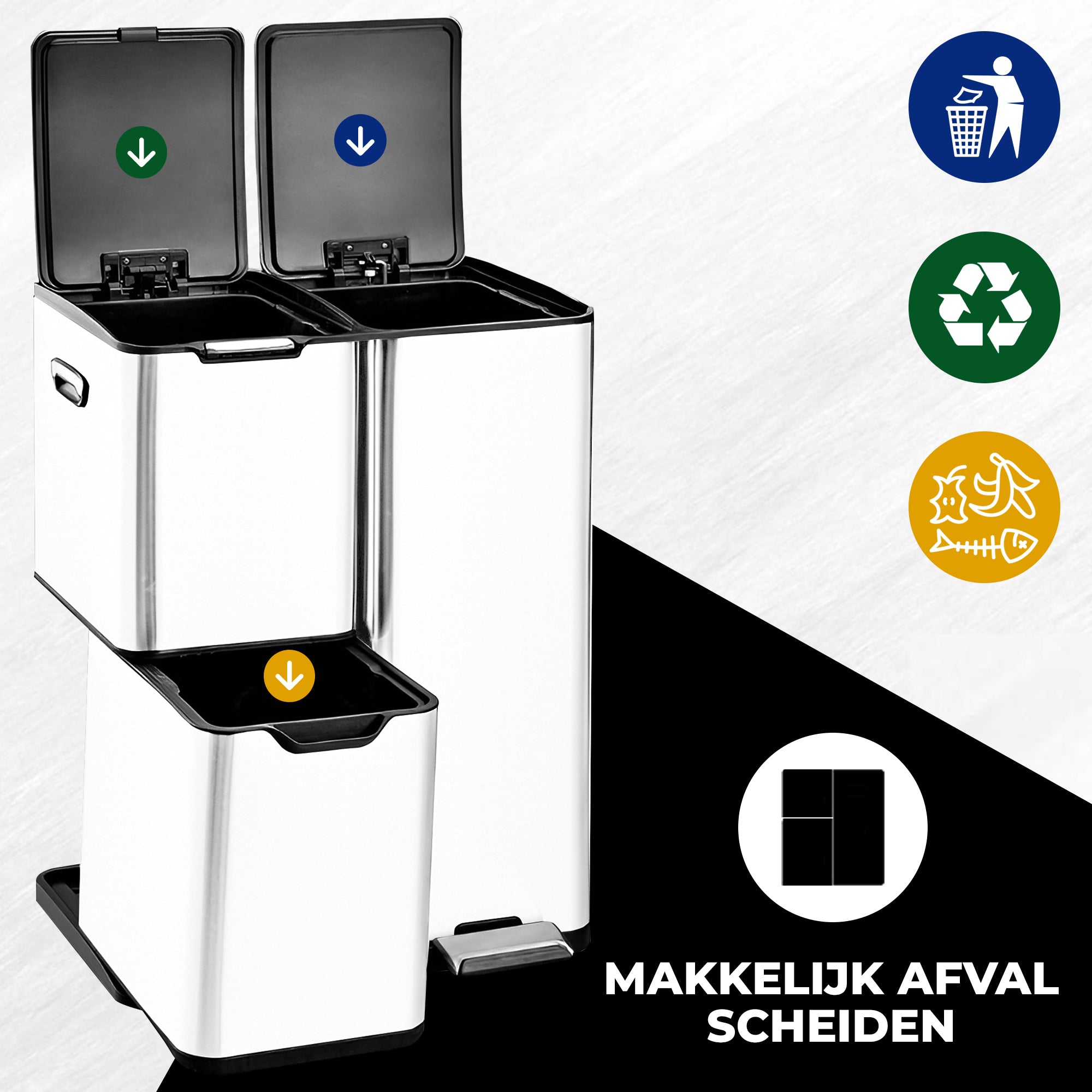 Bayt Prullenbak 60 liter - 3 compartimenten - Wit