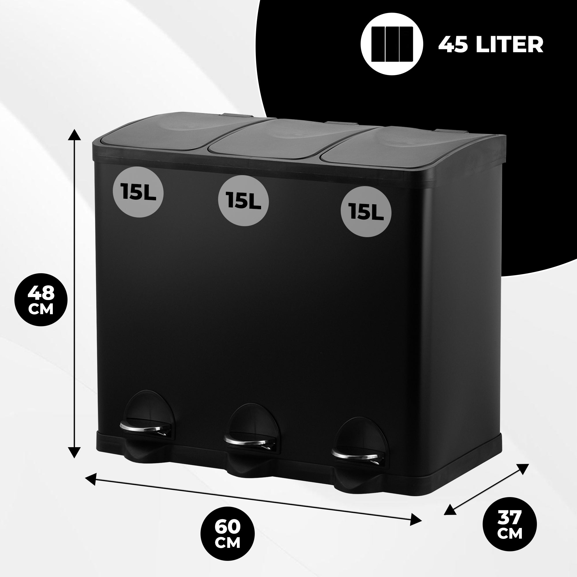 Prullenbak 3x15 Zwart
