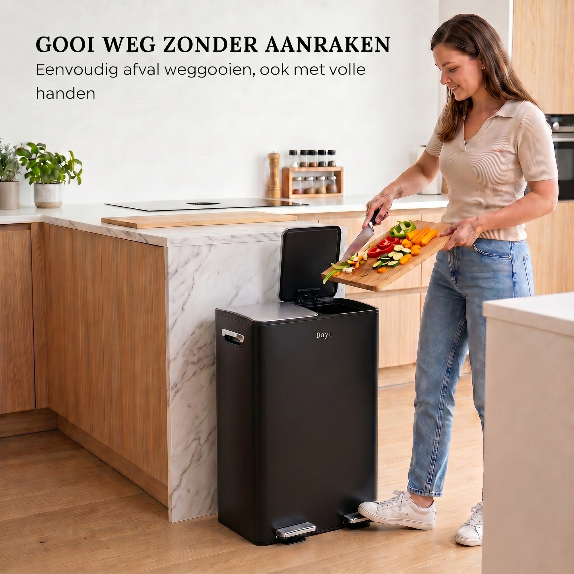 Prullenbak 60 Liter (2x30L) met Pedaalbediening - Zwart/Zilver